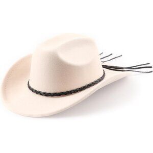 Women's Beige Western Braided Leather Band Buckle Classic Fedora Felt Cowboy Hat